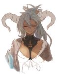  1girl breasts closed_mouth commentary_request dark-skinned_female dark_skin fangs fangs_out fediel_(granblue_fantasy) fediel_(soul_soother&#039;s_finery)_(granblue_fantasy) glasses granblue_fantasy grey_hair half-closed_eyes horns long_hair looking_down matsuo_yuusuke official_alternate_costume ponytail round_eyewear shaded_face simple_background sketch solo upper_body white_background 