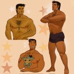  1boy ^_^ ace_attorney arm_hair armpit_hair bandage_on_face bandages bara black_hair black_shorts blue_badger blush brown_background chest_hair closed_eyes closed_mouth collarbone crossed_arms dick_gumshoe facial_hair full_body goatee grin highres kukustar_(kukuu) leg_hair long_sideburns looking_at_viewer male_focus mastectomy_scar pectorals scar scar_on_chest short_hair shorts sideburns smile star_(symbol) 