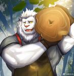  1boy absurdres apron bara beard brown_apron carrying_over_shoulder carrying_tree facial_hair full_beard highres large_pectorals looking_at_viewer muscular muscular_male original pectorals smile solo thick_beard thick_eyebrows upper_body weisun_(leoooliooon) white_fur woodcutter 