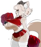 anthro big_breasts blush blush_lines bodily_fluids breasts catmaid_(cibastion) cheerleader cheerleader_outfit cibastion clothing domestic_cat felid feline felis female fur hair hi_res huge_breasts huge_thighs mammal navel orange_eyes pom_poms short_hair simple_background smile solo sweat tail thick_thighs under_boob white_body white_fur white_hair