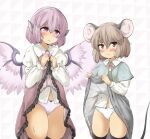  2girls animal_ears bird_ears bird_wings blue_capelet blush brown_dress capelet closed_mouth clothes_lift collared_shirt dress dress_lift grey_dress grey_hair hair_between_eyes highres lifted_by_self long_sleeves mepikari mouse_ears mouse_tail multiple_girls mystia_lorelei nazrin panties pink_eyes pink_hair pink_panties pink_wings red_eyes shirt short_hair tail touhou underwear white_panties white_shirt wings 