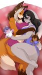 anthro anthro_on_anthro big_breasts breast_squish breasts breasts_frottage canid canine cleavage clothed clothing dipstick_tail duo eyelashes eyes_closed female female/female fox fur hi_res lagomorph leporid luvon mammal markings navel orange_body orange_fur pillow rabbit sleeping squish tail tail_markings thick_thighs