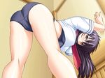  1girl against_wall ass bent_over black_hair blush breasts embarrassed game_cg highres large_breasts legs long_hair looking_at_viewer necktie panties red_eyes school_uniform shironeko_sanbou solo thighs tsuyokiss underwear yashi_nagomi 