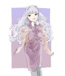  1girl blush_stickers commentary dress feet_out_of_frame grey_hair highres idolmaster idolmaster_(classic) long_hair looking_at_viewer nekozuka_(duka_nkdk) open_mouth purple_dress purple_eyes scarf shijou_takane smile solo symbol-only_commentary 