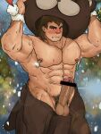  1boy abs animal_costume bar_censor bara bear_costume blush brown_hair censored clothing_aside cosplay cowboy_shot erection fate/grand_order fate_(series) highres huge_eyebrows large_pectorals looking_at_viewer male_focus male_pubic_hair mature_male muscular muscular_male nanman_shi navel navel_hair nipple_piercing nipple_rings no_male_underwear orion_(bear)_(fate) orion_(bear)_(fate)_(cosplay) pectorals penis piercing pubic_hair removing_mask short_hair solo stomach strongman_waist super_orion_(fate) sweat topless_male veins veiny_penis very_sweaty 