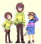  ... 3others animification antenna_hair arm_up bandaid bandaid_on_face blue_shorts blue_sweater boots brown_footwear brown_hair brown_pants brown_pantyhose brown_shirt brown_shorts chara_(undertale) clenched_hand closed_eyes closed_mouth colored_skin commentary_request deltarune frisk_(undertale) full_body green_sweater hair_between_eyes hand_in_pocket hand_up heart heart_necklace holding holding_knife holding_pencil holding_stick hrdrifter jewelry knife kris_(deltarune) leaf long_sleeves looking_at_another multiple_others necklace pants pantyhose pencil pocket puffy_long_sleeves puffy_sleeves red_eyes shirt shoes short_hair shorts simple_background single_stripe smile speech_bubble standing stick striped_clothes striped_sweater sweater turtleneck turtleneck_sweater undertale yellow_background yellow_skin 
