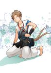  1boy bandages brown_eyes brown_hair cat_tail commentary_request frown full_body gekkan_shoujo_nozaki-kun hori_masayuki japanese_clothes jewelry kneeling male_focus multiple_tails necklace solo tail takana_x123 