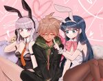  1boy 2girls ahoge animal_ears armband between_legs black_gloves black_leotard black_pantyhose blue_eyes blue_hair blunt_bangs blush bow bowtie braid breasts brown_hair cheek_poking cleavage closed_eyes danganronpa:_trigger_happy_havoc danganronpa_(series) detached_collar fake_animal_ears fishnet_pantyhose fishnets full-face_blush gloves green_hoodie hair_between_eyes hair_ornament hairclip hand_between_legs heart highleg highleg_leotard hood hoodie jacket kirigiri_kyoko large_breasts leotard long_hair maizono_sayaka medium_breasts multiple_girls naegi_makoto necktie orange_necktie pantyhose peppo_(2cleft_0109) pillow pink_background pink_bow pink_bowtie poking purple_eyes purple_hair rabbit_ears scrunchie short_hair sidelocks single_braid single_glove sitting sweatdrop white_leotard wrist_scrunchie 