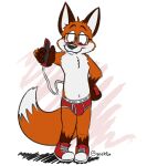 anthro black_nose blush briefs brown_body brown_fur bulge canid canine cellphone clothed clothing colored_seam_underwear electronics eyewear fox fur geekfox geekfox_(character) glasses joe_boxer male mammal navel orange_body orange_fur pantsless phone red_briefs red_clothing red_sneakers red_underwear shadow shoelaces signature smile solo teeth_showing underwear white_body white_fur white_seam_briefs white_seam_underwear white_sneakers