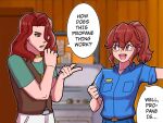  1boy 1girl anna_(fire_emblem) arvis_(fire_emblem) belt_buckle blue_shirt brown_vest buckle cosplay english_text fire_emblem green_shirt grill hair_between_eyes hank_hill hank_hill_(cosplay) indoors john_redcorn john_redcorn_(cosplay) king_of_the_hill long_hair mnejing30 open_mouth rectangular_eyewear red_eyes shirt teeth upper_teeth_only vest 