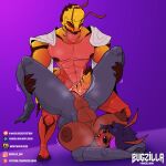 2_toes 5_fingers abs absurd_res antennae_(anatomy) anthro areola arthropod arthropod_abdomen bee big_breasts black_sclera blue_eyes blush blush_lines breasts bugzilla bugzilla_(character) crustacean duo feet female fingers genitals hair hi_res highlights_(coloring) hymenopteran insect isopoda leg_grab lying malacostracan male male/female marine markings multicolored_body multicolored_eyes muscular muscular_male navel nipples nude on_back open_mouth penis pill_bug purple_background purple_body purple_eyes purple_hair purple_highlights pussy raised_leg red_body red_eyes sex short_hair simple_background spread_legs spreading stinger thick_thighs toes tongue two_tone_body wide_hips woodlouse yellow_body