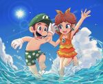  1boy 1girl :d arm_grab arm_up barefoot blue_eyes blue_sky blush brown_hair cloud commentary_request contrail day earrings facial_hair feet flower_earrings gloves green_headwear green_shorts green_swim_trunks hair_ribbon hat highres hiyashimeso jewelry leg_up looking_at_another luigi male_swimwear mario_(series) medium_hair mustache nose_blush open_mouth orange_ribbon outdoors polka_dot polka_dot_shorts princess_daisy ribbon short_hair shorts sky smile splashing striped_ribbon sun swim_trunks teeth toes topless_male wading water water_drop wet white_gloves yellow_ribbon 