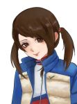  1girl aged_up blue_jacket brown_eyes brown_hair closed_mouth doujima_nanako highres jacket long_hair looking_at_viewer n7grey open_clothes open_jacket persona persona_4 persona_5 prototype_design short_twintails simple_background smile solo twintails upper_body white_background white_jacket zipper 