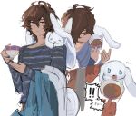  ! !! 1boy 1other ahoge animal blue_eyes blue_shirt bright_pupils brown_hair cinnamoroll closed_mouth coffee cowboy_shot crossover cup english_text granblue_fantasy highres holding holding_cup light_frown looking_to_the_side male_focus messy_hair multiple_views rabbit red_eyes sandalphon_(granblue_fantasy) sanrio shirt short_hair sketch spoken_exclamation_mark striped_clothes striped_shirt sweatdrop upper_body wahoosandalphon white_background white_pupils 