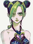  1girl absurdres bare_shoulders black_hair black_shirt braid braided_bun braided_ponytail breasts closed_mouth double_bun eyeliner eyeshadow green_eyeliner green_eyes green_eyeshadow green_hair green_lips hair_bun hair_over_one_eye halterneck highres jojo_no_kimyou_na_bouken kujo_jolyne light_smile lipstick makeup medium_breasts multicolored_hair portrait shirt simple_background sleeveless sleeveless_shirt solo stone_ocean two-tone_hair urkt_10 white_background 