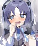  1girl blue_archive blue_eyes blue_necktie blush brushing_another&#039;s_teeth cezf28 commentary_request highres holding holding_toothbrush necktie nose_blush open_mouth pov pov_hands purple_hair solo_focus teeth toothbrush upper_body yuuka_(blue_archive) 