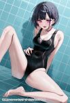  1girl bare_arms bare_shoulders barefoot black_hair black_one-piece_swimsuit blush breasts chigusa_minori choker cleavage collarbone ear_piercing hamanasu_ruka highres koutsugou_semi-friend large_breasts looking_at_viewer one-piece_swimsuit open_mouth piercing purple_choker purple_eyes short_hair sitting smile solo swimsuit thighs tiles 