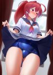  1girl ass_visible_through_thighs blush breasts curtains dorachan_r embarrassed grey_skirt hair_ornament hair_ribbon highres i-168_(kancolle) indoors kantai_collection lifted_by_self long_hair one-piece_swimsuit ponytail red_eyes red_hair ribbon school school_swimsuit school_uniform serafuku skirt small_breasts solo swimsuit swimsuit_under_clothes tri_tails window 