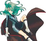  1boy bek0 blue_hair bodysuit cape child cloak green_hair hair_over_one_eye inazuma_eleven inazuma_eleven_(series) kazemaru_ichirouta long_hair male male_focus simple_background solo trap white_background 