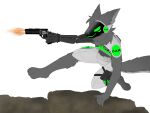 4_eyes anthro c.a.m. canid canine canis carbon_fiber climbing cybernetics digital_media_(artwork) feet fluffy fluffy_tail fur green_body green_eyes grey_body grey_fur gun hair handgun holding_gun holding_object holding_weapon holster jackal kytcrafts led_mask machine male mammal military multi_eye neck_tuft pistol prosthetic protogen ranged_weapon revolver robot_arm robotic_arm screen screen_face shooting smile solo spec_ops special_forces tail thrusters tuft weapon yuri_chacal