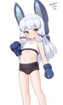  1girl :3 absurdres aged_down alternate_costume black_buruma blunt_bangs boxing_gloves buruma feet_out_of_frame floating_headgear hair_ribbon headgear highres kantai_collection long_hair looking_at_viewer maru_(marg0613) murakumo_(kancolle) one-hour_drawing_challenge orange_eyes ribbon sidelocks simple_background solo sports_bikini sports_bra tress_ribbon white_background white_sports_bra 