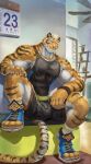 absurd_res anthro biceps blue_eyes collar felid hi_res lin_hu male mammal muscular muscular_anthro muscular_male nekojishi pantherine solo striped_body stripes studio_klondike tail tiger tsabasa