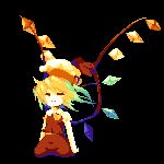  1girl ascot black_background blonde_hair crystal daime_fusonzai flandre_scarlet hat lowres medium_hair mob_cap multicolored_wings pixel_art puffy_short_sleeves puffy_sleeves red_skirt red_vest shirt short_sleeves simple_background skirt solo touhou vest white_shirt wings yellow_ascot 