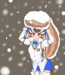  1girl brown_eyes brown_hair chipmunk_girl chipmunk_tail gloves highres kemono_friends kemono_friends_v_project looking_at_viewer microphone ribbon shirt short_hair shorts siberian_chipmunk_(kemono_friends) simple_background snow solo tail tengt_e thighhighs vest virtual_youtuber 