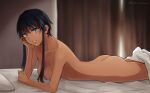  1girl after_sex ass bed black_hair blanket blue_eyes breasts commission completely_nude curtains dark_skin earrings highres jewelry lying nail_polish necklace nude on_stomach original pixiv_commission setu_kurokawa short_hair 