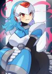  1girl blue_hair breasts character_request clenched_teeth highres large_breasts long_hair mega_man_(series) mega_man_x_(series) parted_lips red_eyes solo teeth tobitori 