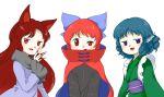  3girls :d animal_ears blue_bow blue_hair bow fingernails fins grass_root_youkai_network green_kimono hair_bow head_fins imaizumi_kagerou japanese_clothes kimono long_fingernails long_hair long_sleeves multiple_girls nail_polish nonamejd obi official_style open_mouth purple_eyes purple_sash red_eyes red_hair red_nails sash sekibanki sharp_fingernails short_hair simple_background smile touhou uneven_eyes wakasagihime white_background wolf_ears wolf_girl zun_(style) 