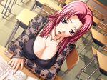  1girl breasts chair classroom cleavage collar desk earrings game_cg highres huge_breasts jewelry long_hair looking_down ooeyama_inori open_mouth pink_eyes pink_hair reading shironeko_sanbou sitting solo tsuyokiss 