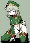  1girl akableak araga_kiwi black_panties boots coat double_bun empty_eyes green_hair green_headwear green_sleeves hair_bun highres leopard_(mahou_shoujo_ni_akogarete) long_sleeves looking_at_viewer magical_girl mahou_shoujo_ni_akogarete midriff military_coat mole mole_under_eye navel no_pants panties puffy_long_sleeves puffy_sleeves simple_background solo stomach thigh_boots thighs underwear 