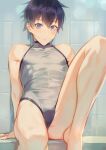  1boy :o absurdres androgynous arm_up barefoot black_hair blue_eyes blush bulge covered_navel crossdressing facial_mark from_below grey_one-piece_swimsuit highres indoors kiyonagi knee_up kusanagi_(kiyonagi) looking_at_viewer male_focus one-piece_swimsuit original purple_hair short_hair sitting skin_tight solo swimsuit tile_wall tiles toned toned_male 