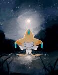  closed_eyes colored_skin grass highres jirachi li04r moon night night_sky no_humans outdoors outstretched_arms pokemon pokemon_(creature) sky solo spread_arms star_(sky) tanabata tanzaku water white_skin 