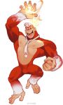  1boy arm_up bara bulge clenched_hand donkey_kong donkey_kong_(series) fighting_stance fire full_body furry furry_male gorilla_boy gradient_fur gradient_hair highres horikwawataru large_hands large_pectorals looking_ahead male_focus monkey_boy multicolored_hair muscular muscular_male naked_necktie necktie nipples pectorals pyrokinesis red_fur smile snout solo unfinished white_background white_hair 