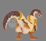 animal_genitalia anthro avian-king biped butt claws cloaca clothed clothing countershade_neck countershade_tail countershading dinosaur embosaur female genitals hi_res open_mouth presenting rear_view reptile scalie solo tail teeth theropod