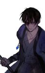  1boy akatsuki_no_yona black_hair commentary_request hair_between_eyes hak_(akatsuki_no_yona) holding holding_weapon jewelry korean_clothes korean_commentary looking_to_the_side male_focus pendant short_hair simple_background solo weapon white_background yona_hyeon 