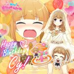  1girl ^_^ balloon bare_shoulders birthday_cake black_skirt blunt_bangs blush breasts brown_hair cake character_name chibi closed_eyes closed_mouth commentary copyright_name detached_sleeves dress english_commentary english_text flower food full_body happy_birthday heart logo looking_at_viewer medium_hair moe!_ninja_girls multiple_views official_art purple_eyes shirt skirt small_breasts smile solo tears tokakushi_cy veil white_dress white_shirt white_sleeves 