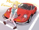  1girl blonde_hair brown_footwear car character_name country_connection ferrari ferrari_dino green_neckerchief green_shirt grey_skirt hands_on_own_knees happy_birthday highres looking_at_viewer love_live! love_live!_sunshine!! maruyo motor_vehicle neckerchief ohara_mari on_vehicle sailor_collar shirt shoes single_hair_ring sitting skirt smile socks solo sports_car v-shaped_eyebrows vehicle_focus white_socks yellow_eyes 