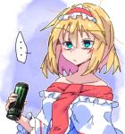 ... 1girl alice_margatroid aqua_eyes blonde_hair blue_dress can capelet closed_mouth dondyuruma dress frilled_hairband frills hairband holding holding_can lolita_hairband messy_hair monster_energy off_shoulder red_hairband short_hair solo touhou white_capelet 