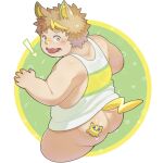  1boy animal_ears animal_on_ass arrow_(symbol) ass back bottomless brown_hair cropped_legs dog_boy dog_ears dog_tail green_eyes highres joltik kemonomimi_mode looking_back male_focus multicolored_hair open_mouth personification plump pokemon short_hair solo streaked_hair tail tank_top thick_arms thick_eyebrows thick_thighs thighs tongue tongue_out white_tank_top yamper yunosuke 