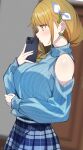  1girl absurdres bare_shoulders blue_skirt breasts brown_hair cellphone entogman fire_emblem fire_emblem_engage goldmary_(fire_emblem) highres holding holding_phone large_breasts looking_to_the_side phone plaid plaid_skirt ribbon skirt smartphone solo white_ribbon yellow_eyes 