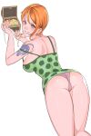  1girl ass bare_shoulders breasts commentary dress earrings eyelashes feet_out_of_frame green_dress highres jewelry large_breasts looking_back nami_(one_piece) one_piece orange_eyes orange_hair panties short_hair shoulder_tattoo single_sidelock sleeveless sleeveless_dress smile solo strap_slip tattoo teeth treasure_chest underwear unworn_jewelry uukkaa 