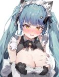  1girl aqua_hair bare_shoulders bell blush breasts center_frills cleavage commentary elbow_gloves frills gloves goddess_of_victory:_nikke grabbing_own_breast highres i!roha large_breasts long_hair maid maid_headdress neck_bell nose_blush official_alternate_costume open_mouth paw_hair_ornament privaty_(nikke) privaty_(unkind_maid)_(nikke) simple_background solo twintails upper_body v-shaped_eyebrows wavy_mouth white_background white_gloves white_headdress yellow_eyes 