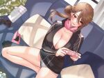  1girl black_jacket blush breasts brown_eyes brown_hair cleavage controller game_controller highres jacket large_breasts long_hair long_sleeves looking_at_viewer open_mouth original sino42 smile solo 