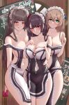  3girls alternate_costume bare_shoulders black_hair blush breasts brown_hair chinese_commentary cleavage closed_mouth collarbone commentary_request cowboy_shot dsr-50_(girls&#039;_frontline) girls&#039;_frontline green_eyes highres large_breasts long_hair looking_at_viewer maid_headdress multiple_girls navel parted_lips popoman purple_eyes red_eyes smile springfield_(girls&#039;_frontline) thighs wa2000_(girls&#039;_frontline) 