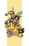  absurdres ashley_artly blue_eyes bumblebee_(transformers) clenched_hand english_commentary glowing glowing_eyes highres looking_at_viewer mecha no_humans open_hand robot running science_fiction shadow solo transformers transformers:_rise_of_the_beasts transformers_(live_action) wheel 