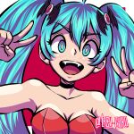  1girl ahoge bare_shoulders bat_hair_ornament black_choker breasts choker cleavage commentary double_v english_commentary fangs hair_ornament hatsune_miku highres medium_breasts open_mouth portrait red_background reizicherry smile solo twintails twitter_username v vocaloid 