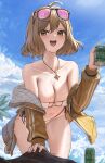  1girl :d ahoge all_fours anis_(nikke) anis_(sparkling_summer)_(nikke) athenawyrm aviator_sunglasses bare_shoulders bikini blue_sky blush breasts brown_eyes brown_hair can cleavage cloud collarbone commentary day drink_can eyepatch_bikini eyewear_on_head goddess_of_victory:_nikke hair_between_eyes highres holding holding_can jacket jewelry large_breasts looking_at_viewer medium_hair navel necklace ocean off_shoulder official_alternate_costume open_mouth outdoors pink-tinted_eyewear rock side-tie_bikini_bottom sidelocks sky smile soda_can solo star_(symbol) star_necklace stomach sunglasses swimsuit teeth tinted_eyewear upper_teeth_only wet white_bikini yellow_jacket 